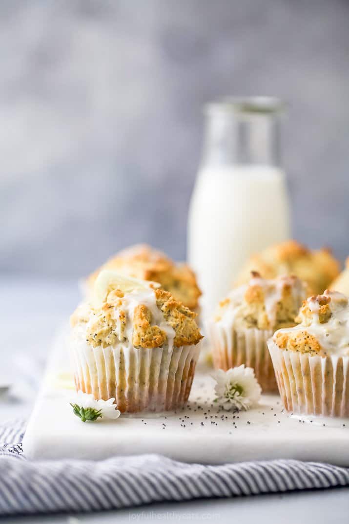 side photo of moist gluten free lemon poppyseed muffins