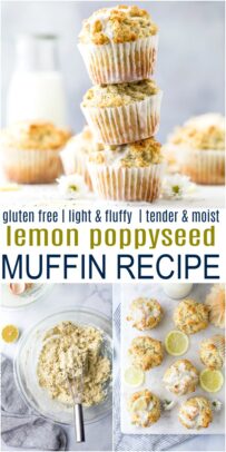 pinterest image for moist gluten free lemon poppyseed muffins
