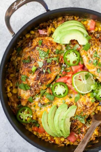 one pan southwestern chicken and rice recipe in a skillet