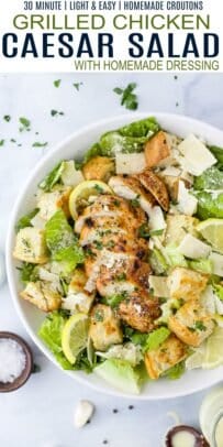 pinterest image for easy grilled chicken caesar salad with homemade dressing