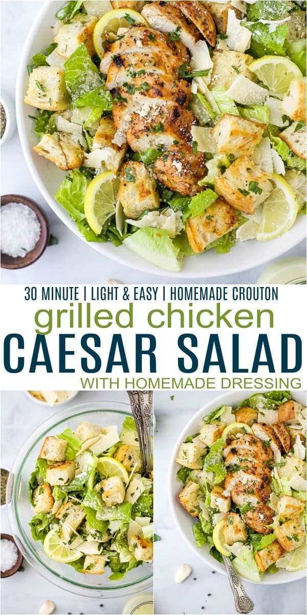 pinterest image for easy grilled chicken caesar salad with homemade dressing