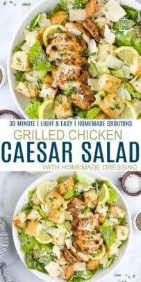 pinterest image for easy grilled chicken caesar salad with homemade dressing