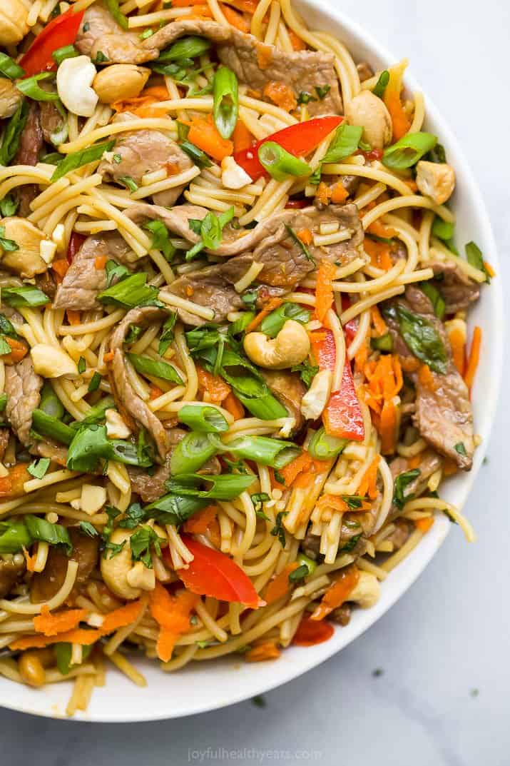 closeup of easy kung pao beef noodles