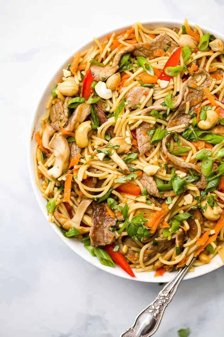 overhead photo of easy kung pao beef noodles in a bowl