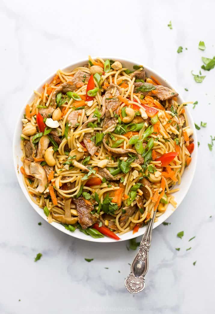 overhead photo of a bowl filled with easy spicy kung pao beef noodles