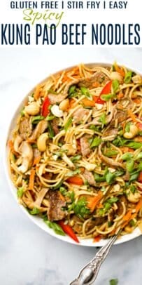 pinterest image for easy kung pao beef noodles