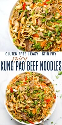pinterest image for easy spicy kung pao beef noodles
