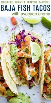 Title Image for Baja Fish Tacos with Avocado Crema and three crispy fish tacos topped with red cabbage, avocado crema, tomatoes and lime