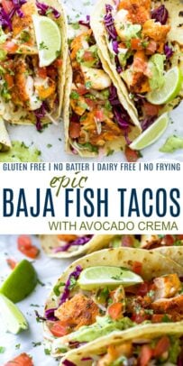 pinterest image for epic baja fish tacos with avocado crema