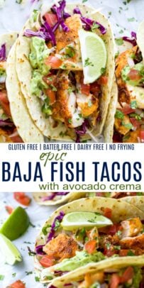 pinterest image for epic baja fish tacos with avocado creama