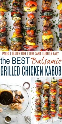 pinterest image for the best ever balsamic grilled chicken kabobs