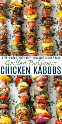pinterest image for the best ever balsamic grilled chicken kabobs