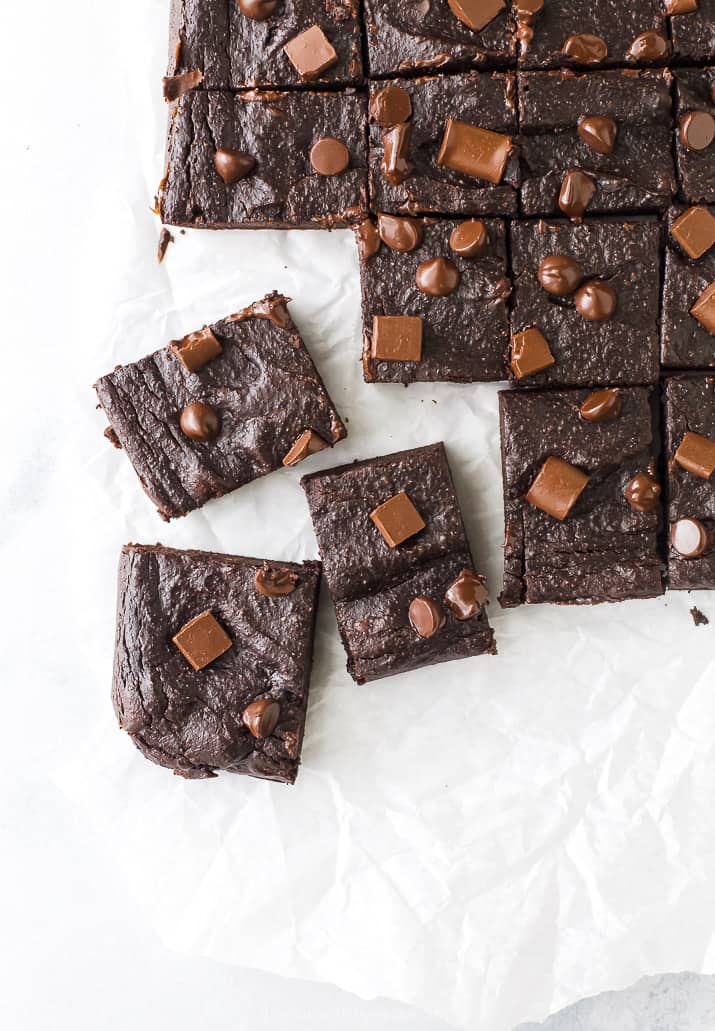 overhead photo of double chocolate avocado brownies