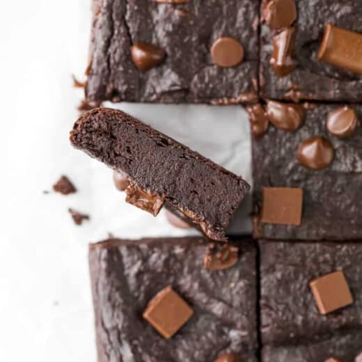 overhead photo of double chocolate avocado brownies