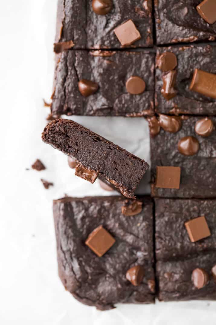 overhead photo of double chocolate avocado brownies