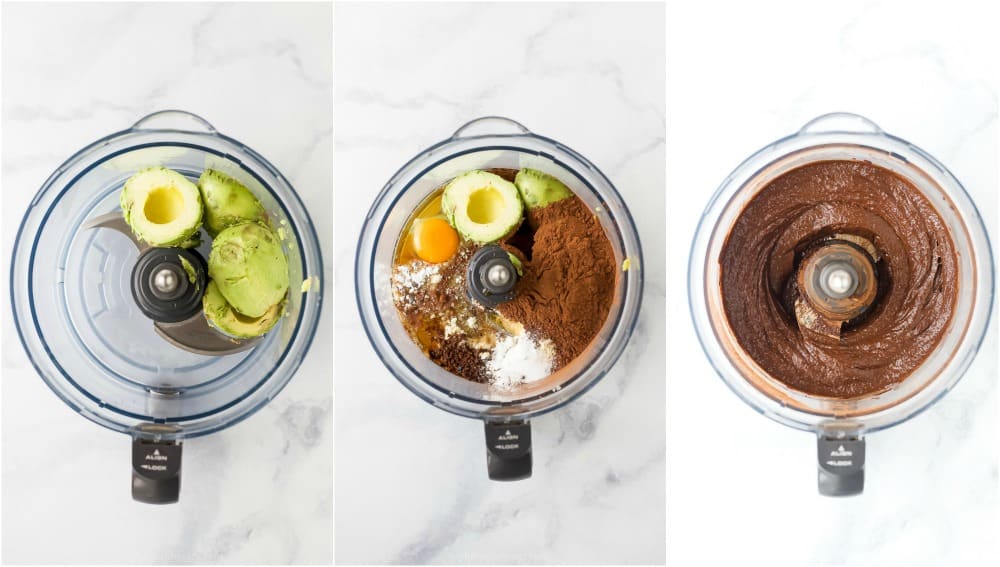 Overhead shot of avocado brownie batter in a food processor