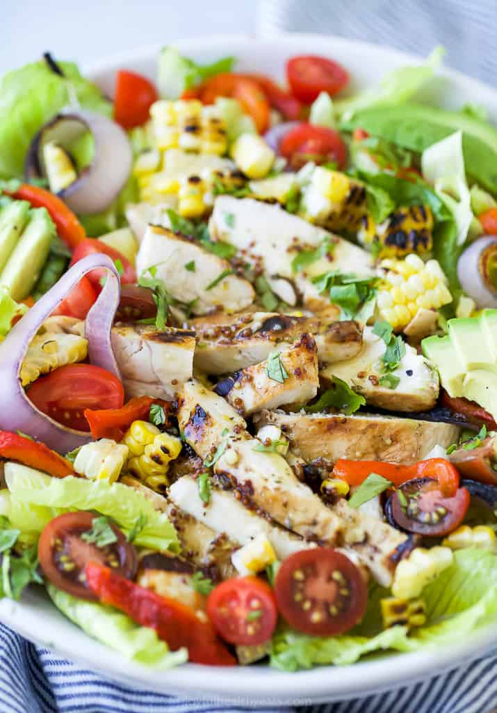 close up of easy grilled honey mustard chicken salad with avocado