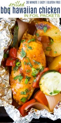 pinterest image for grilled bbq hawaiian chicken in foil packets