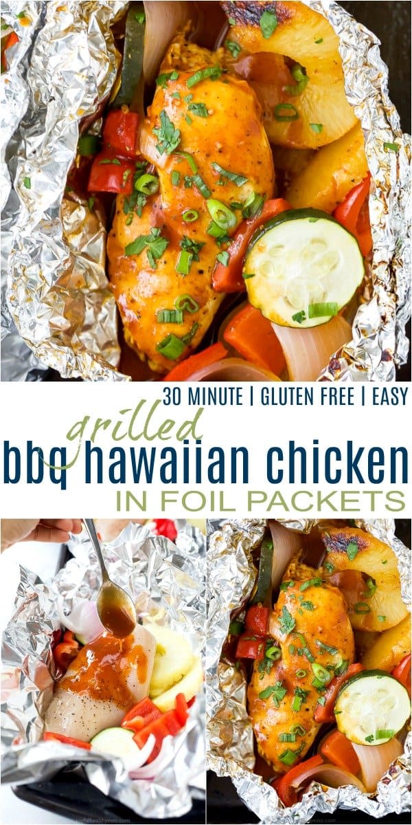 pinterest image for grilled bbq hawaiian chicken in foil packets