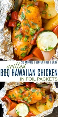 pinterest image for grilled bbq hawaiian chicken in foil packets