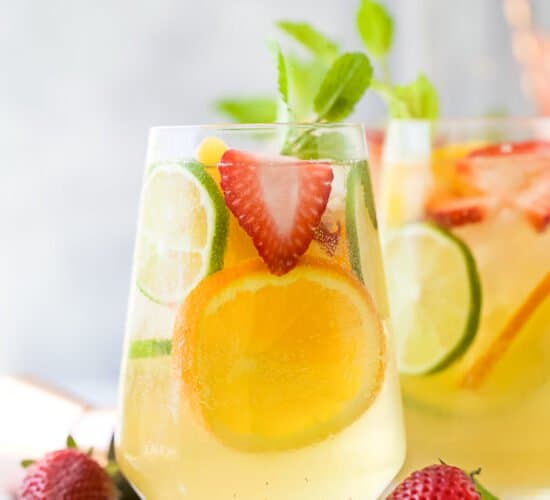 close up of light easy strawberry peach moscato sangria
