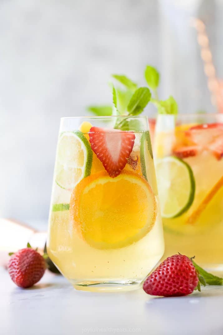 close up of light easy strawberry peach moscato sangria