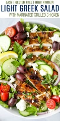 pinterest image for light greek salad with grilled chicken