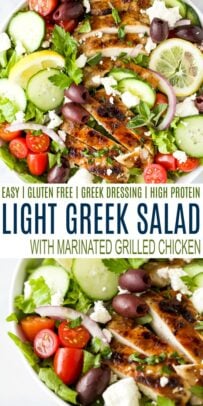 pinterest image for light greek salad with grilled chicken