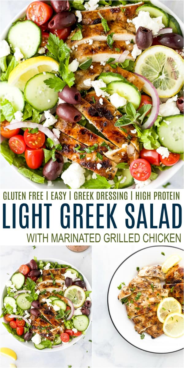 pinterest image for light greek salad with grilled chicken
