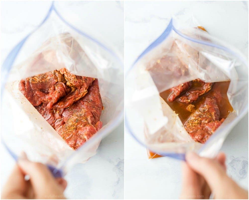 Top view of carne asada in a ziplock bag to marinate