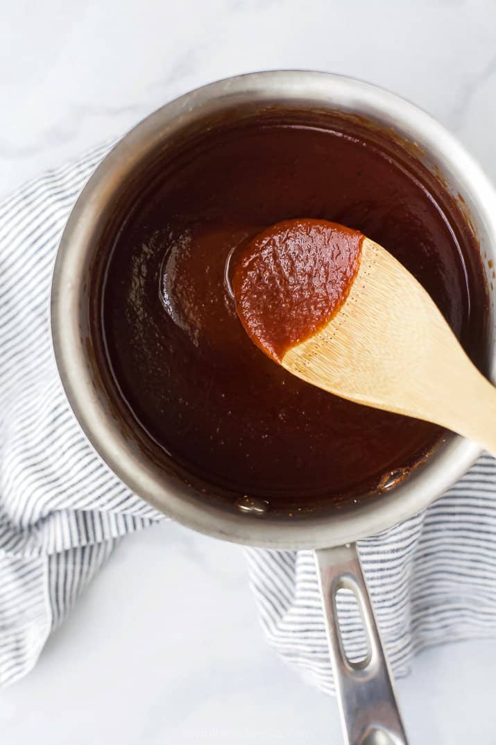 finished sweet smoky homemade bbq sauce in a saucepan