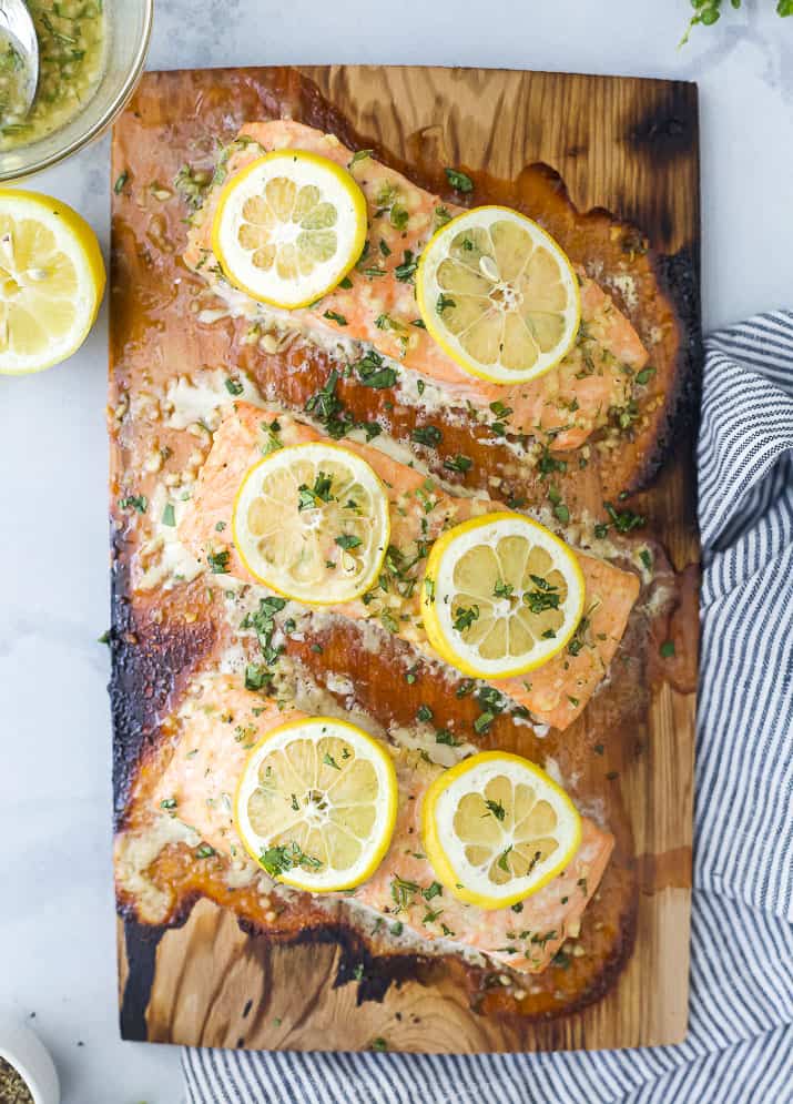 cedar plank salmon grilled on a plank topped with honey garlic sauce