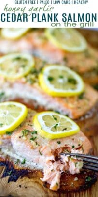 pinterest image for honey garlic cedar plank salmon