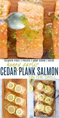 pinterest collage for honey garlic cedar plank salmon on the grill