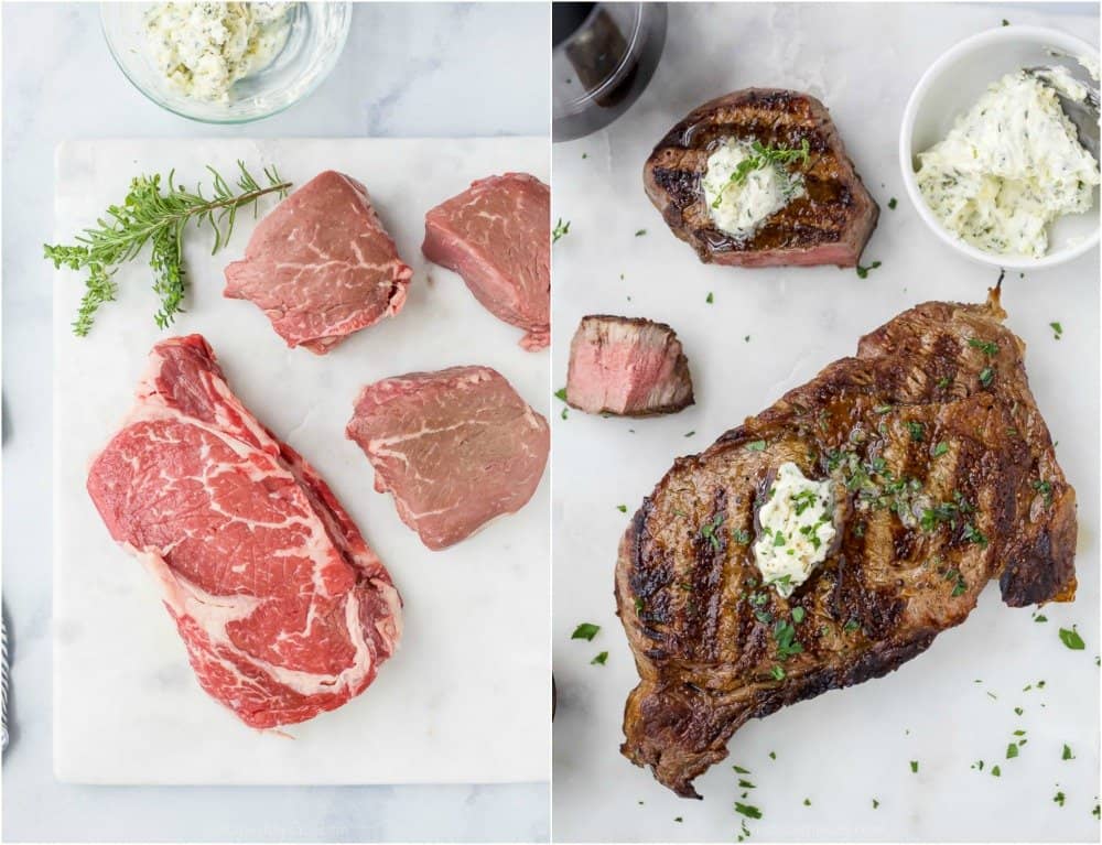 before and after, raw steaks and perfectly grilled steaks