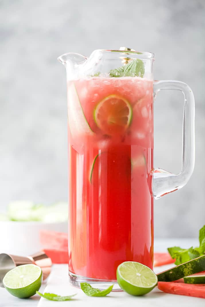 a pitcher filled with refreshing watermelon cucumber gin cocktail