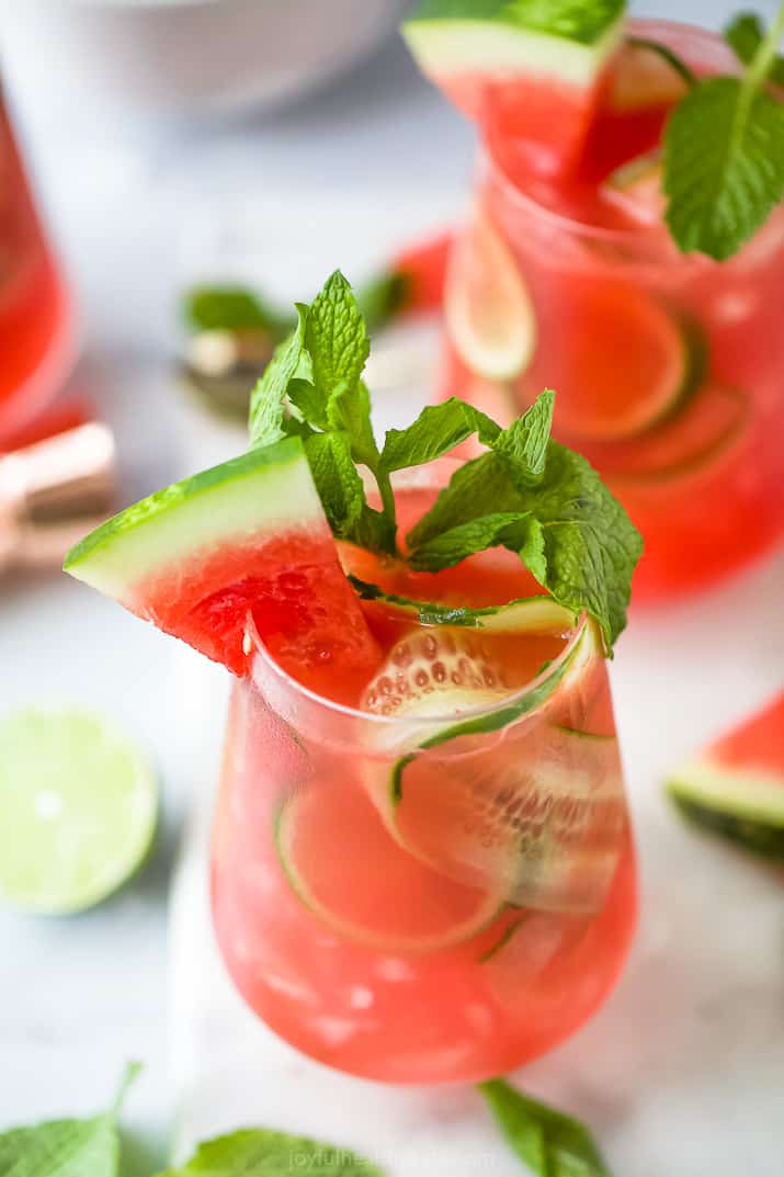 close up photo of refreshing watermelon cucumber gin cocktail