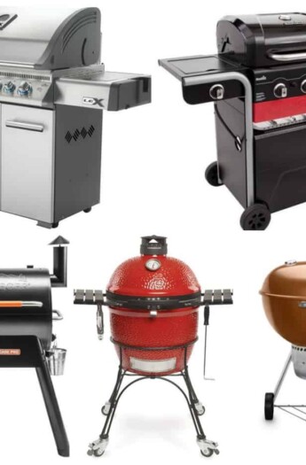 a collage of gas, charcoal and wood pellet grills