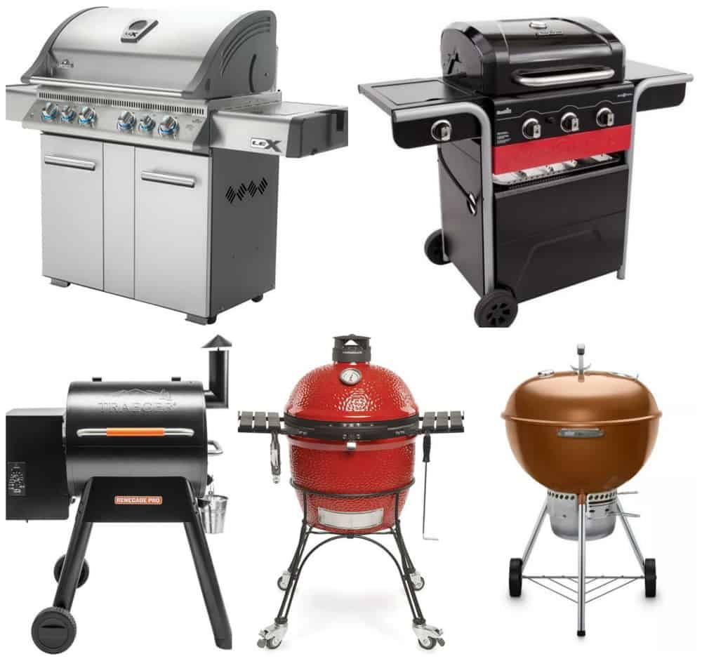a collage of gas, charcoal and wood pellet grills