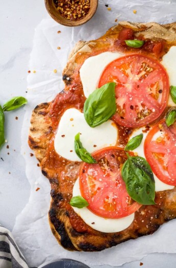 overhead photo of the best grilled pizza recipe ever