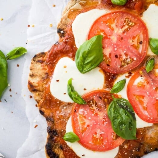 overhead photo of the best grilled pizza recipe ever