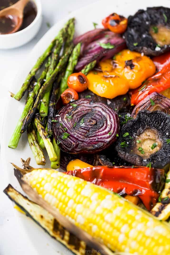 closeup side shot of a platter filled with the best grilled vegetables