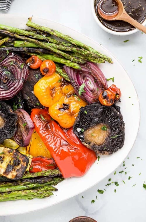 closeup of best grilled vegetables with balsamic dressing