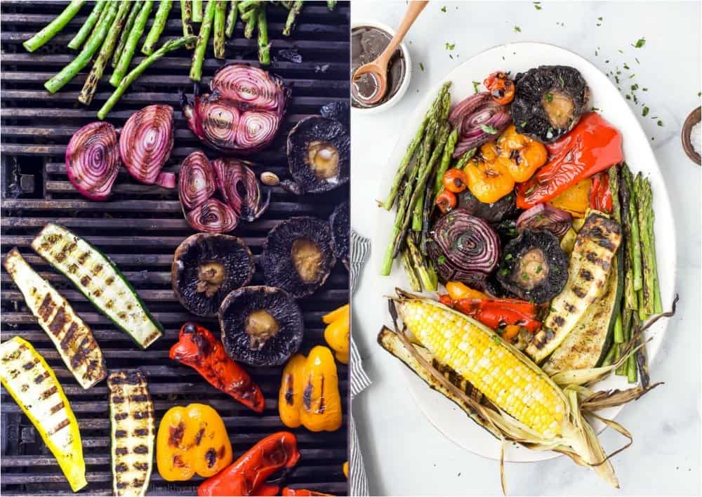 vegetables being grilled and a platter filled with finished grilled vegetables