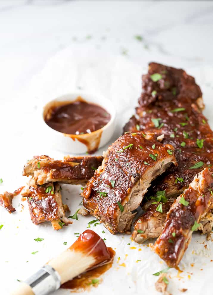 cooked baby back ribs on a marble counter
