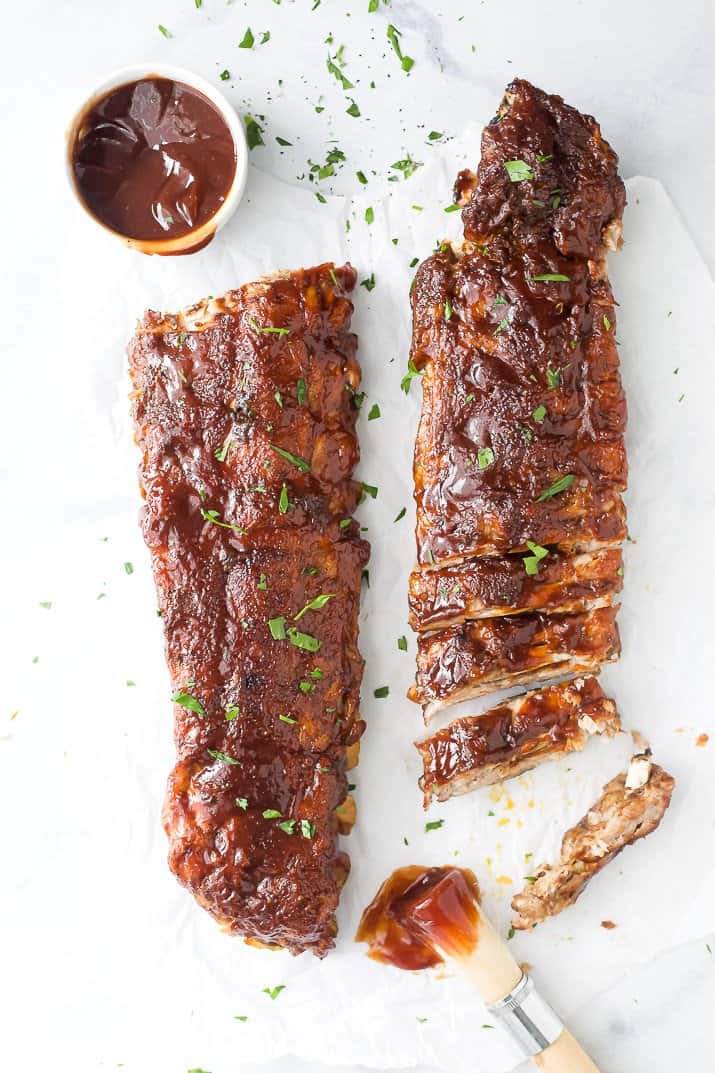 cooked instant pot bbq baby back ribs on a marble counter