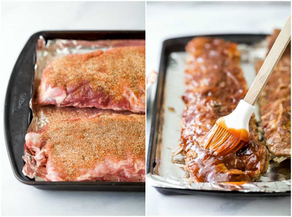 baby back ribs on a cooking sheet being basted