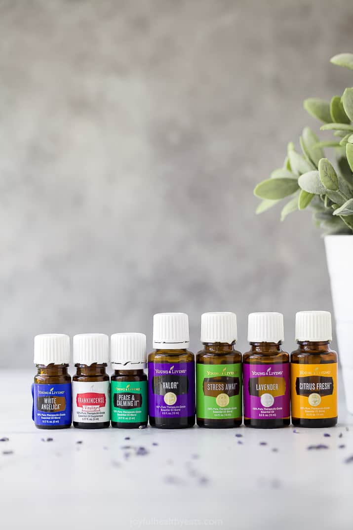 essential oils for anxiety lined up next to each other