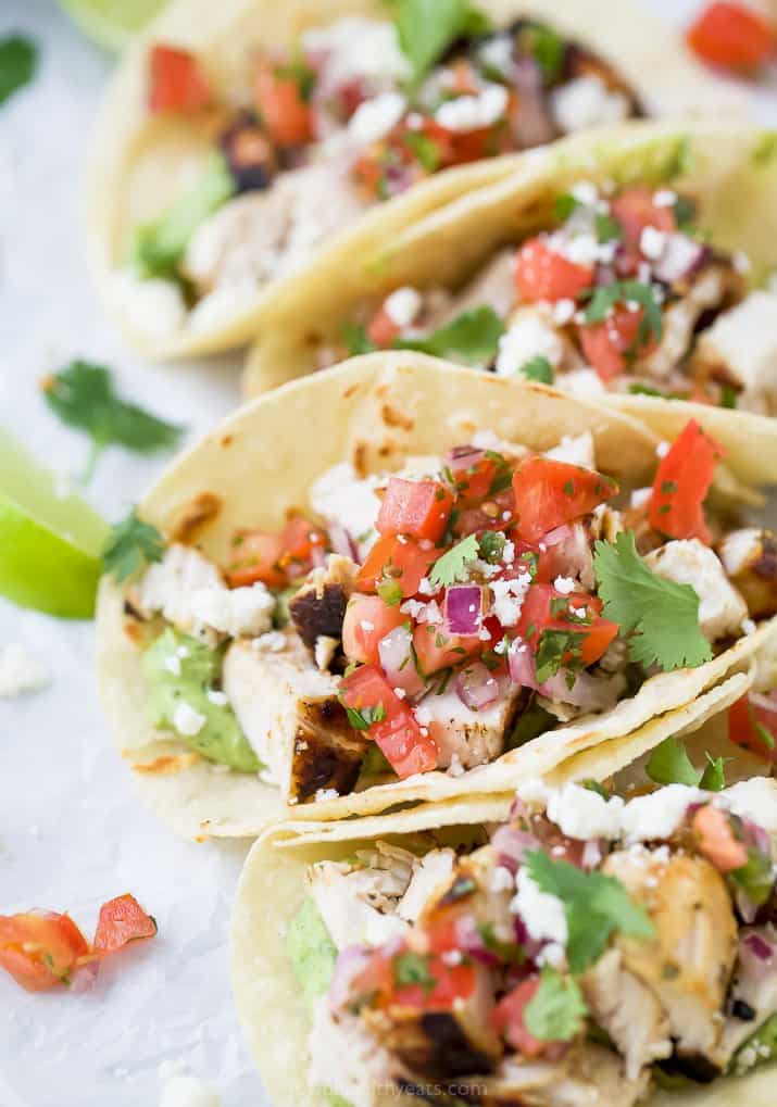 Overhead view of Cilantro Lime Chicken Tacos with Pico de Gallo