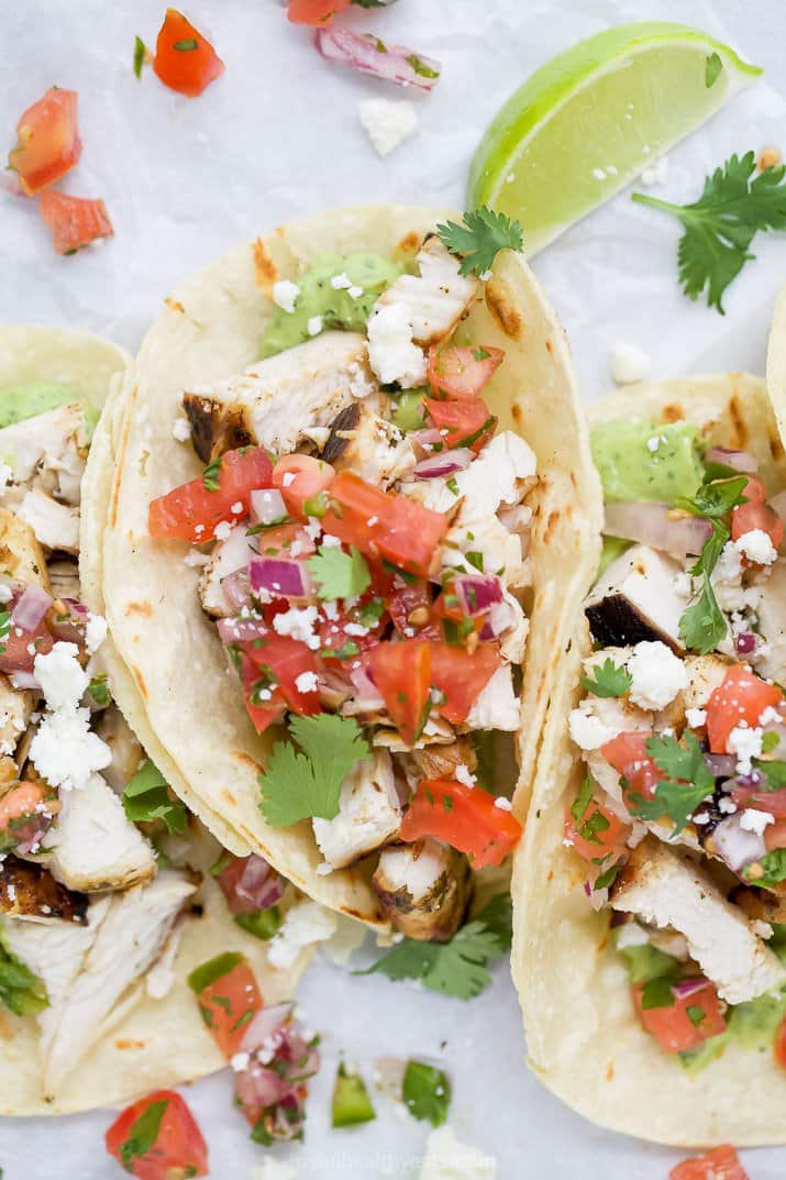 Overhead view of Cilantro Lime Chicken Tacos with Pico de Gallo